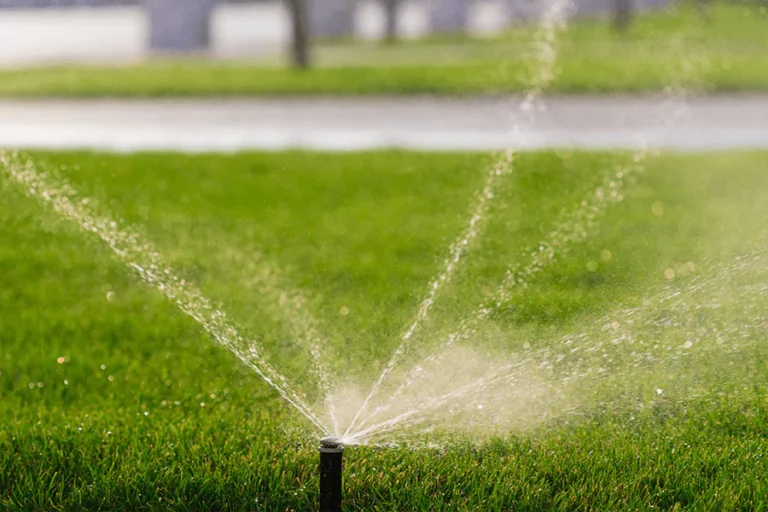 Sprinkler system in a green lawn