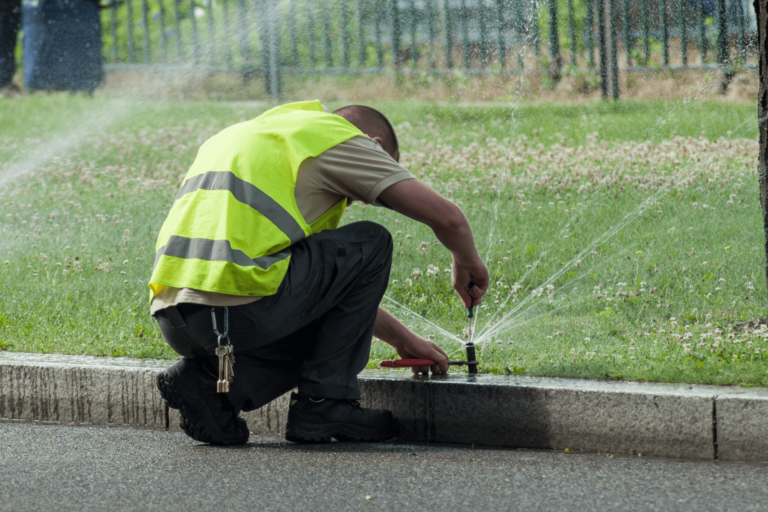 Sprinkler contractor repairing sprinkler system