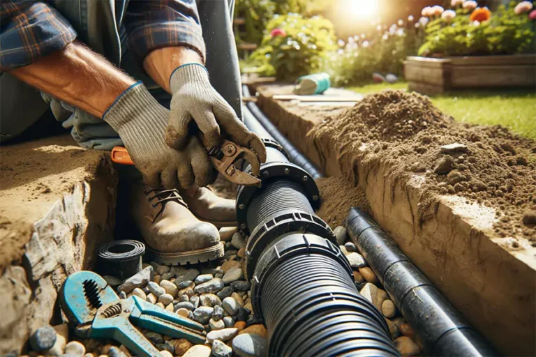 A man installing landscape drainage