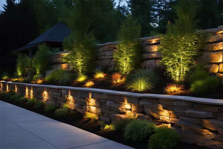 Elegant outdoor landscape lighting installation highlighting stone retaining wall and plants, creating a warm ambiance in a backyard setting.