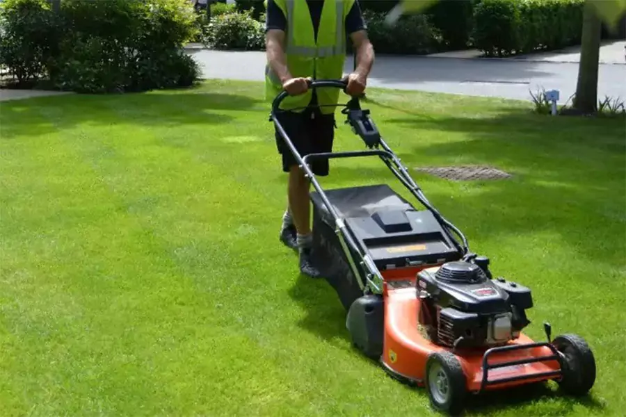Worker in a reflective vest mowing a vibrant green lawn with a commercial lawn mower, highlighting consistent grounds maintenance in Cypress, TX.
