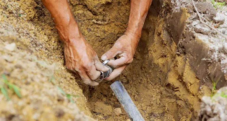Repairing broken irrigation pipe to fix inefficient sprinkler system and reduce high water bills in Cincinnati.