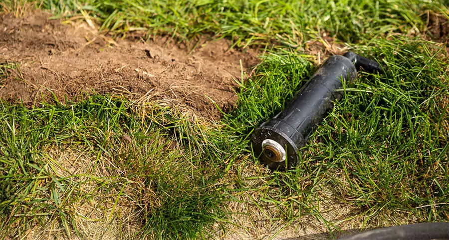 Broken sprinkler head laying on lawn – example of common sprinkler system breakdowns in Houston's climate