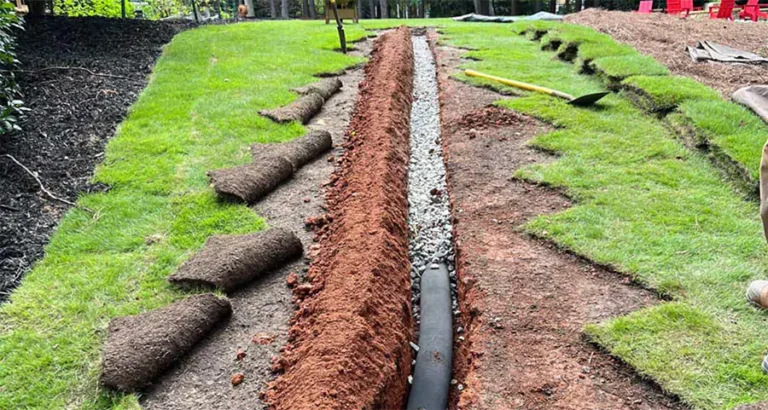 French drain installation in a Houston backyard to prevent flooding and improve landscape drainage system