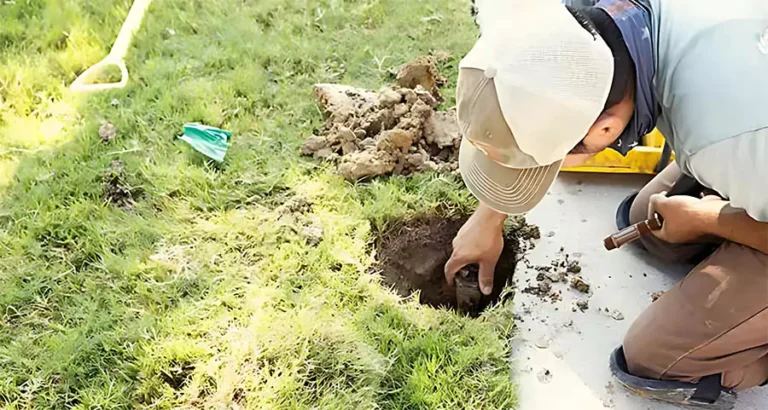 Technician inspecting underground sprinkler system for repair in Houston lawn