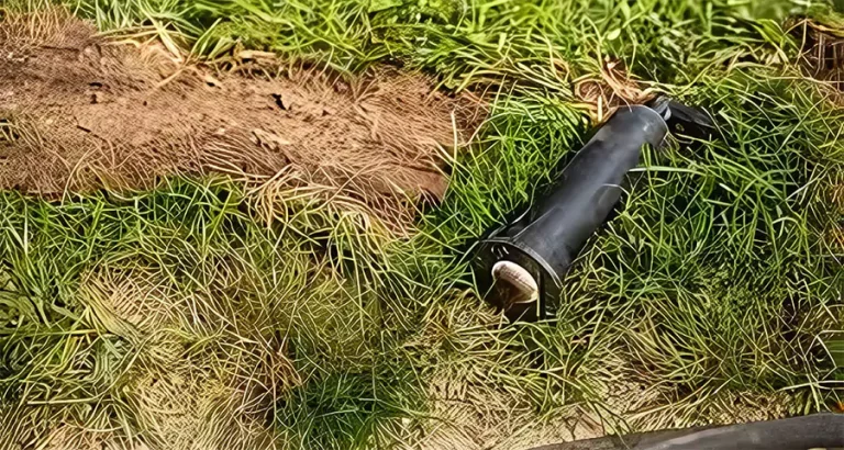 Broken sprinkler head on a lawn, highlighting the importance of sprinkler zone maintenance and repair for efficient irrigation in Cypress, TX